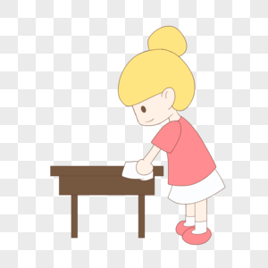 古香古色桌子手绘卡通劳动节抹桌子的黄发女孩素材