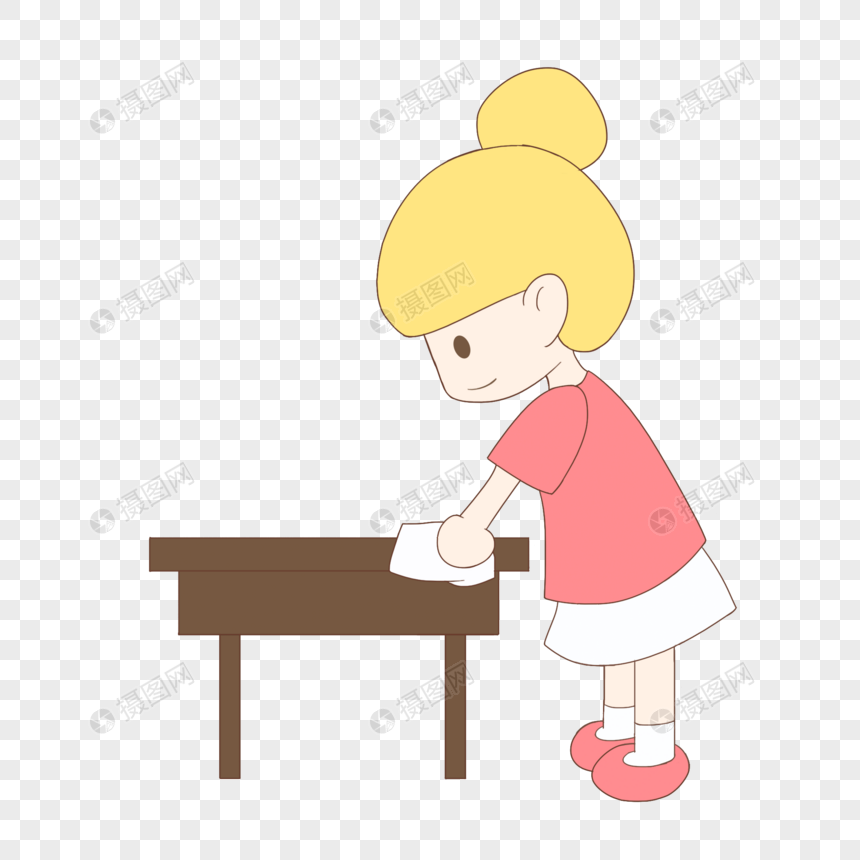 手绘卡通劳动节抹桌子的黄发女孩