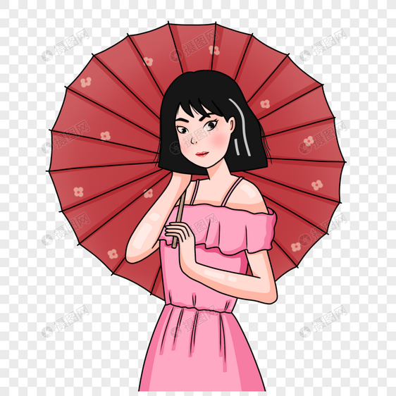 手绘日系少女手持雨伞人物形象图片