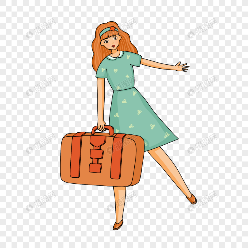 手绘清新少女提行李箱人物形象图片