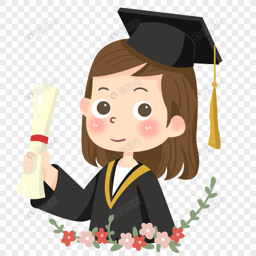 免抠元素 手绘/卡通元素 穿着学士服和学士帽的女同学.