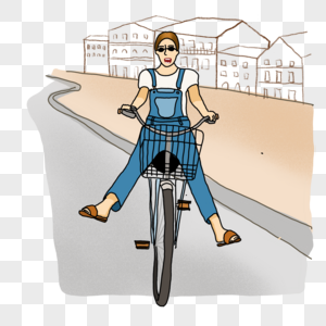 女生快乐骑自行车兜风逛街运动休闲手绘插画图片