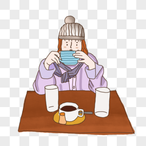 女生冬天咖啡店喝咖啡休闲文艺安静手绘插画元素图片