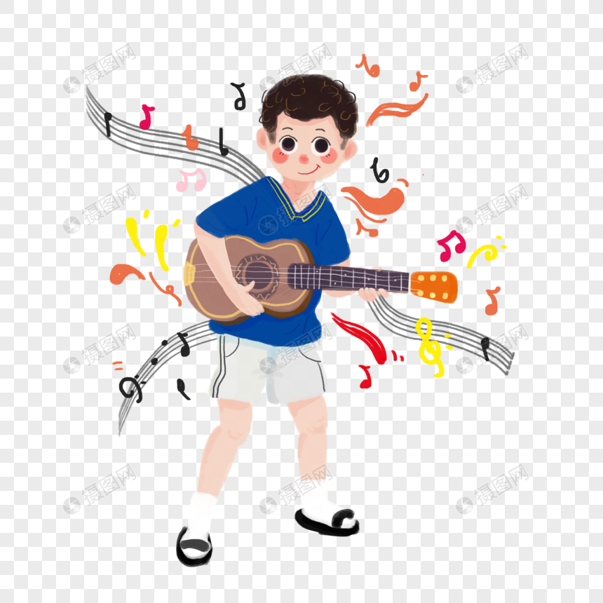 手绘音乐节弹尤克里里玩音乐的男孩