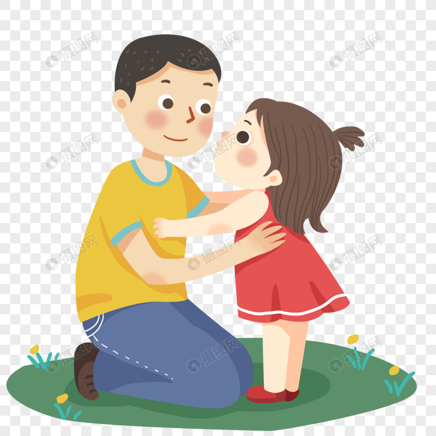 手绘卡通亲吻爸爸的女儿