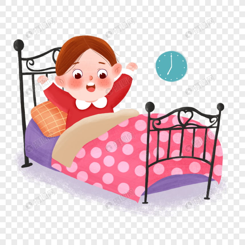 免抠元素 手绘/卡通元素 古风边框 手绘起床可爱小女孩场景插画.