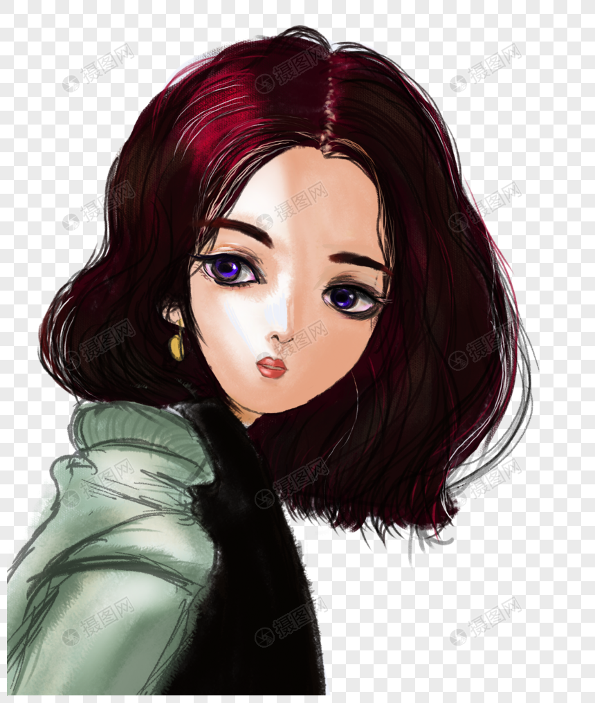 女孩短发手绘适量免抠人物
