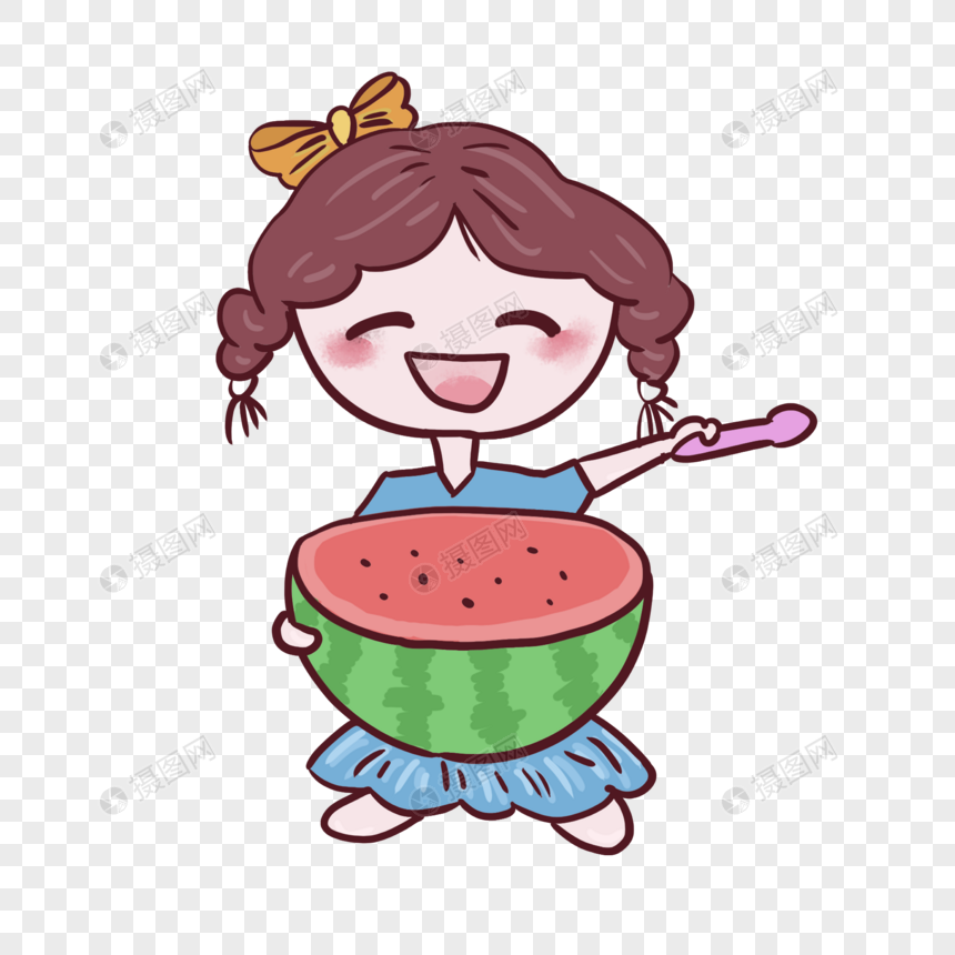 夏天小女孩抱着西瓜吃西瓜