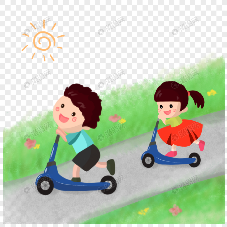 免抠元素 手绘/卡通元素 卡通儿童节小朋友孩子滑板车.psd
