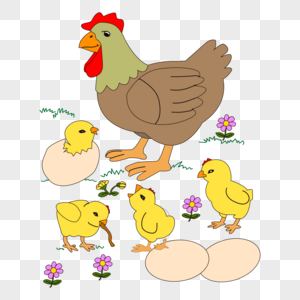 卡通可爱动物鸡妈妈与小鸡高清图片