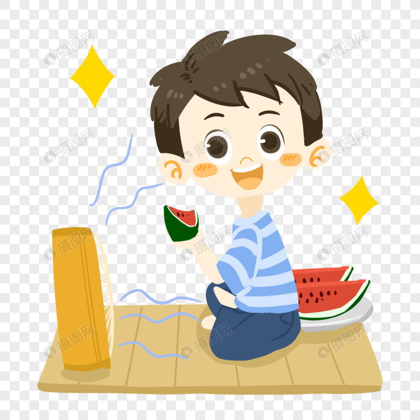 夏日卡通男孩吹风扇吃西瓜图片