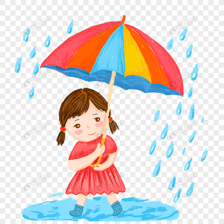 免抠元素 手绘/卡通元素 小女孩 撑伞 下雨天.