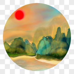 中国风水彩水墨夕阳山水图片