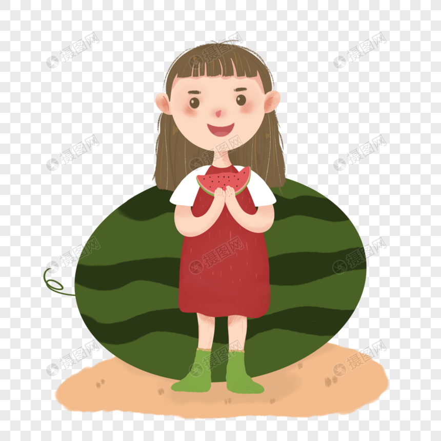 免抠元素 手绘/卡通元素 夏天吃西瓜女孩.psd
