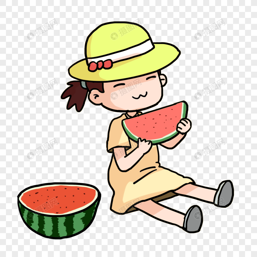 女孩坐着吃西瓜