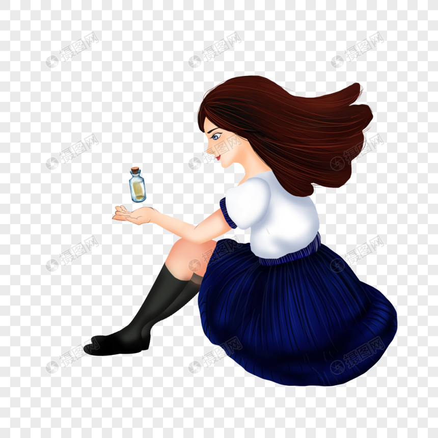 免抠元素 手绘/卡通元素 许愿瓶女生.psd