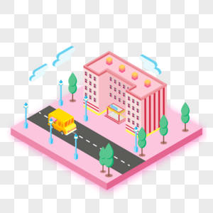粉色可爱小清新城市汽车房子2.5D插画图片