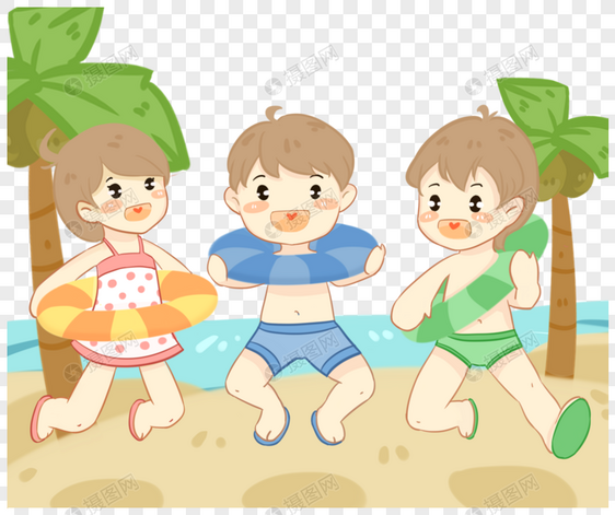 三个沙滩上开心到跳起来的孩子图片