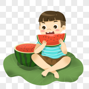 坐在荷叶上吃西瓜的小男孩高清图片
