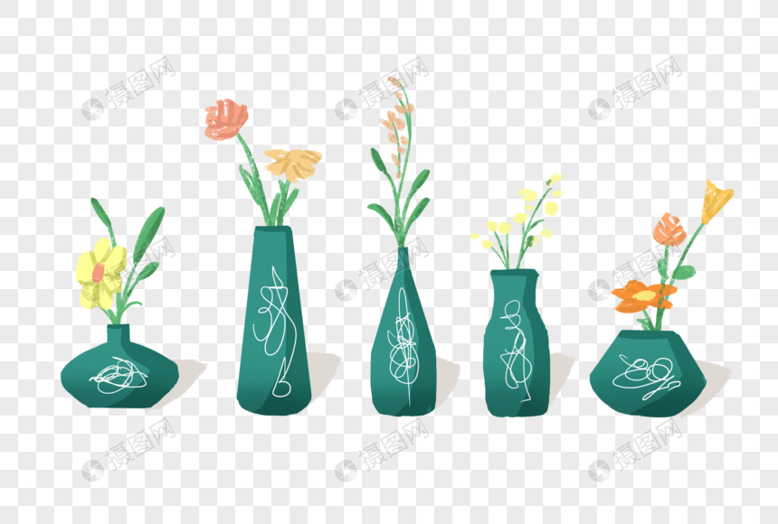 蓝色花瓶里的植物和花朵图片