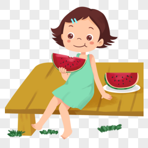 夏季纳凉吃西瓜的小女孩图片
