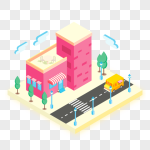 2.5D粉色城市居民房子建筑插画图片