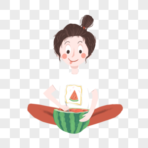 女孩坐着吃西瓜元素