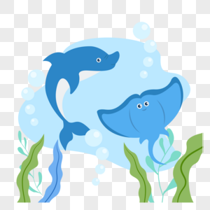 鳐鱼与海豚扁平气泡鱼高清图片