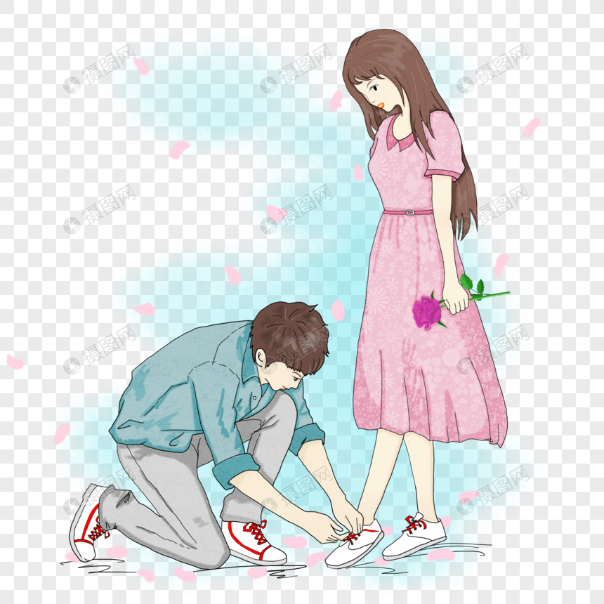 男孩给女孩系鞋带告白日情侣