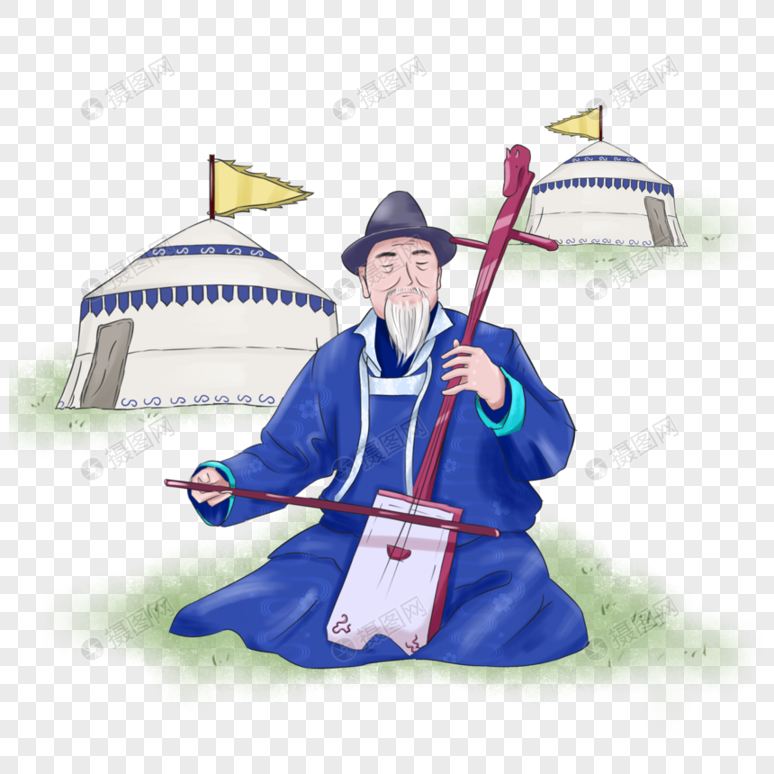 免抠元素 手绘/卡通元素 蒙古族草原马头琴老人.psd