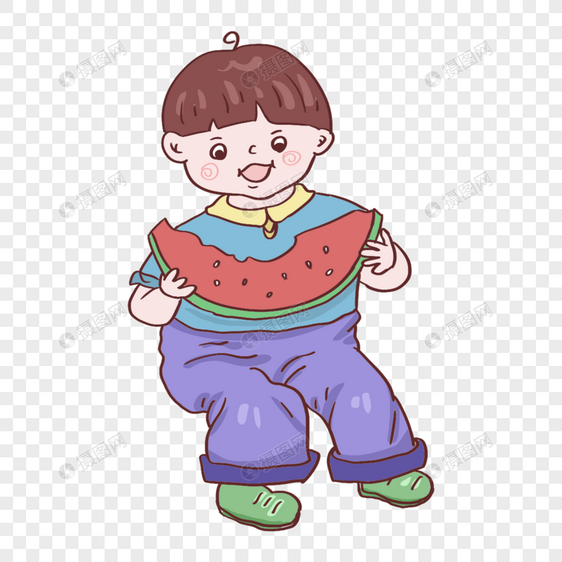 夏天小男孩吃西瓜图片