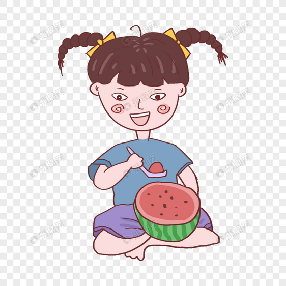 小女孩坐着吃西瓜图片