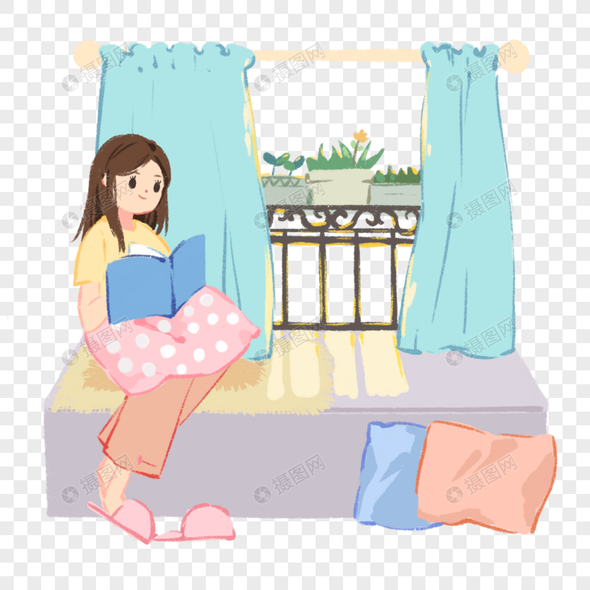 窗台看书的少女图片
