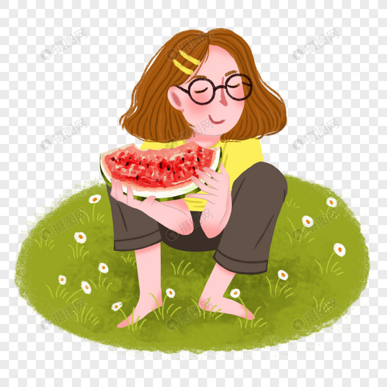 夏天小孩坐在草地上吃西瓜图片