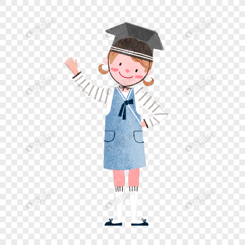 戴着博士帽的可爱双辫小女孩手绘人物素材图片