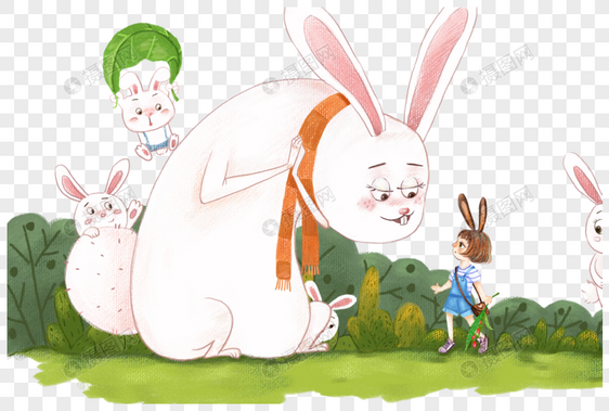 手绘兔子和小女孩童趣场景图片