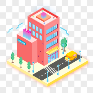 2.5D红色小清新街边大楼建筑公路汽车插画图片