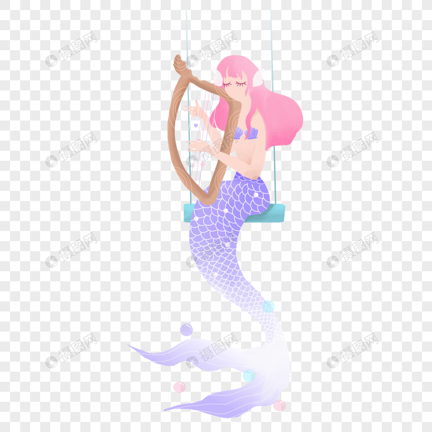 美人鱼弹竖琴坐秋千粉色紫色渐变手绘装饰图案图片