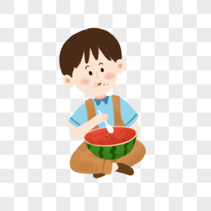 盘腿用勺子吃西瓜的小朋友高清图片
