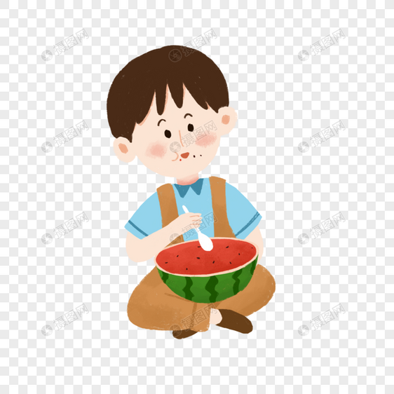 盘腿用勺子吃西瓜的小朋友图片