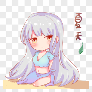 q版萌系夏天沙滩上穿比基尼泳衣的可爱小女孩动漫人物图片