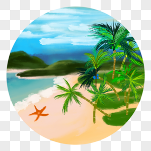 中国风水彩水墨夏天海边沙滩椰子树图片