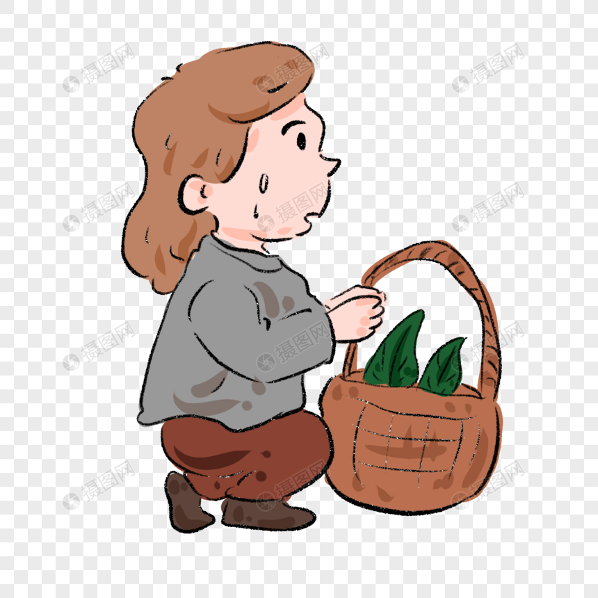 女生提着菜篮子紧张表情