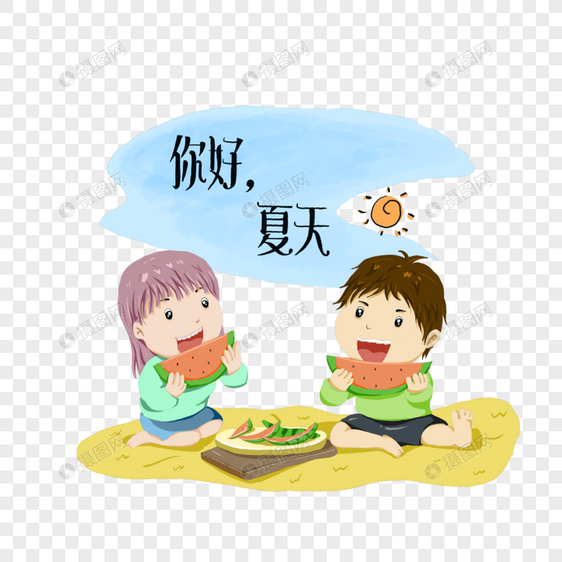 夏季坐着吃西瓜的孩子图片