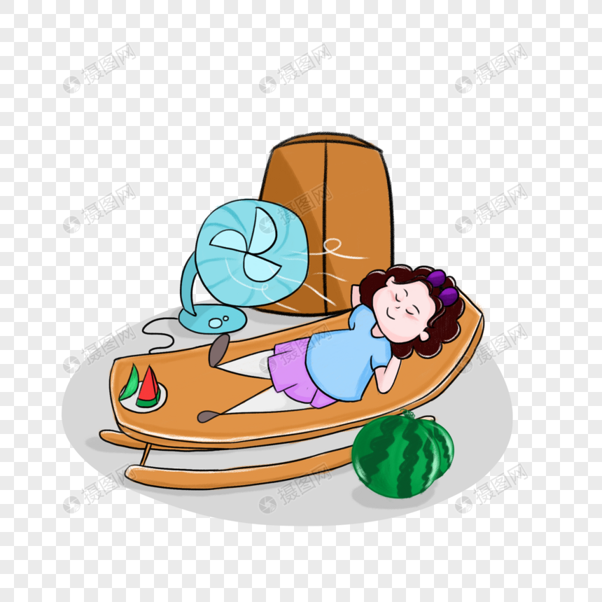 手绘/卡通元素 躺着吹风扇的女孩.