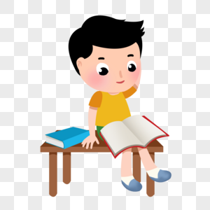 卡通男孩坐在桌子上看书蓝色高清图片素材