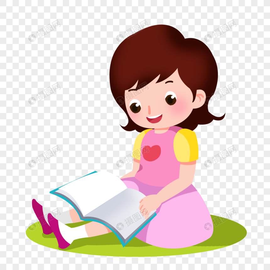 卡通粉色连衣裙女孩看书