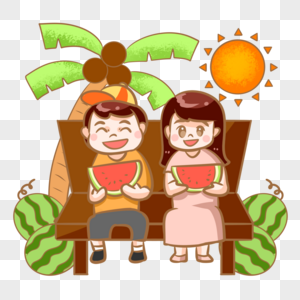 坐在椅子上吃西瓜的情侣图片