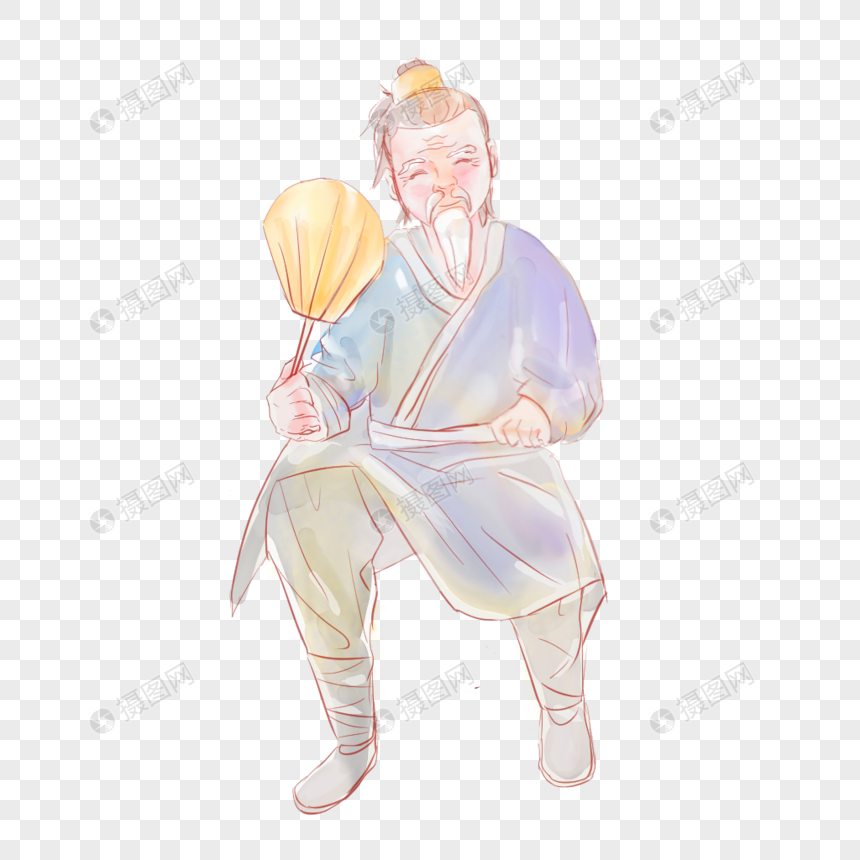 坐着扇扇子的老人插画