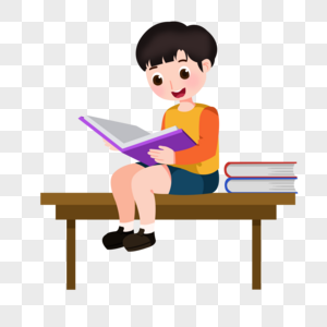 卡通男孩坐在桌子上看书图片